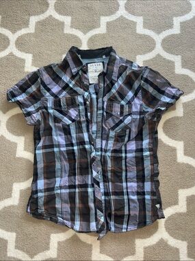 GUESS Men’s Short Sleeve Plaid Button-Down Shirt in Black, Brown & Light Blue